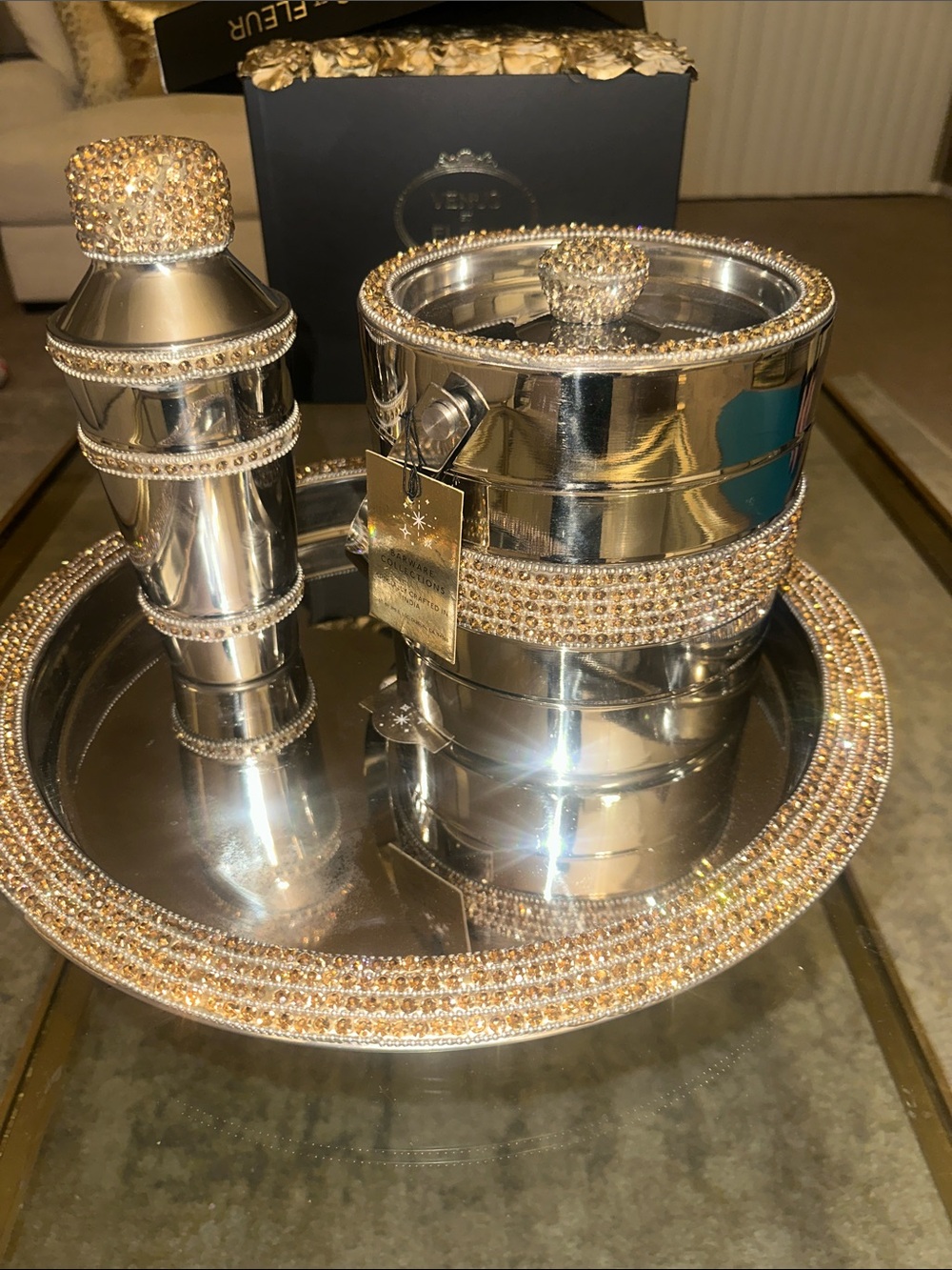 Rose Gold Crystal-Embellished Silver Barware Set